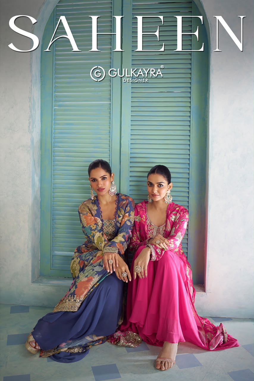 Gulkayra Designer Saheen Real Chinon Digital Embroidered Jacket Palazzo Set — Wholesale Lehenga, Vardan Ethnic wholesale from Surat — view 4