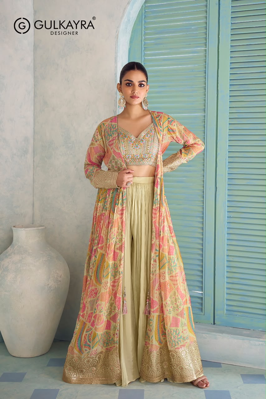 Gulkayra Designer Saheen Real Chinon Digital Embroidered Jacket Palazzo Set