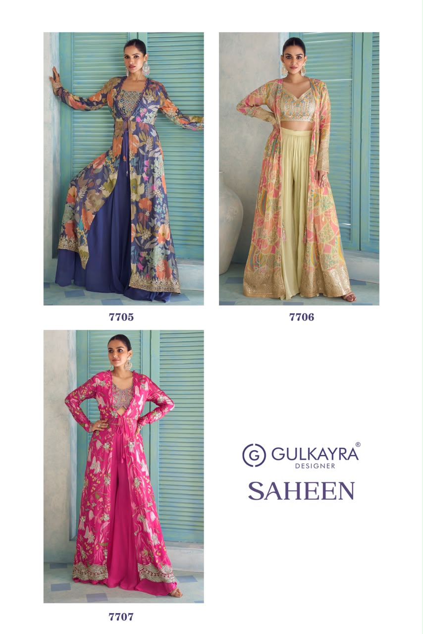 Gulkayra Designer Saheen Real Chinon Digital Embroidered Jacket Palazzo Set — Wholesale Lehenga, Vardan Ethnic wholesale from Surat — view 5