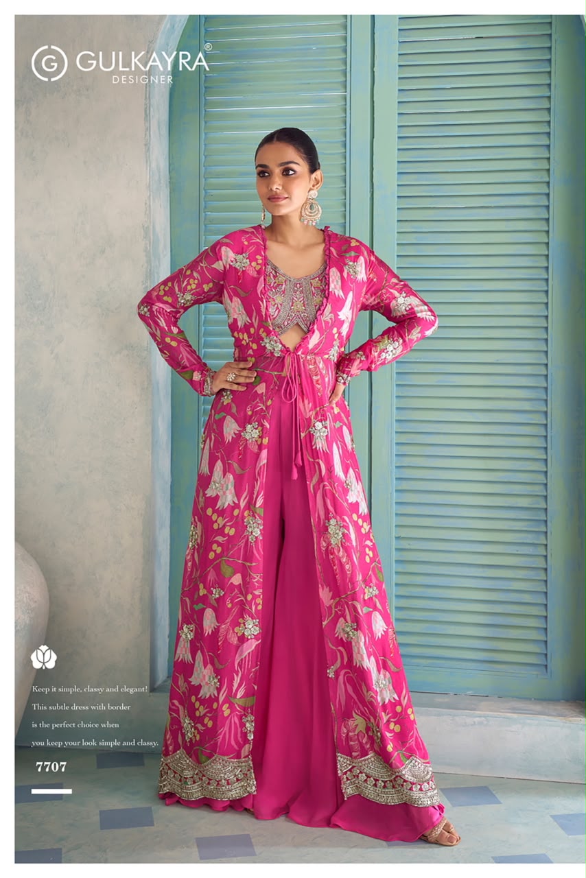 Gulkayra Designer Saheen Real Chinon Digital Embroidered Jacket Palazzo Set — Wholesale Lehenga, Vardan Ethnic wholesale from Surat — view 6