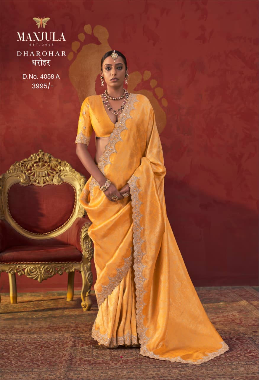 Manjula Dharohar Designer Viscose Saree with Scalloped Embroidery Border &amp; Worked Blouse — Saree, Vardan Ethnic wholesale from Surat — view 5