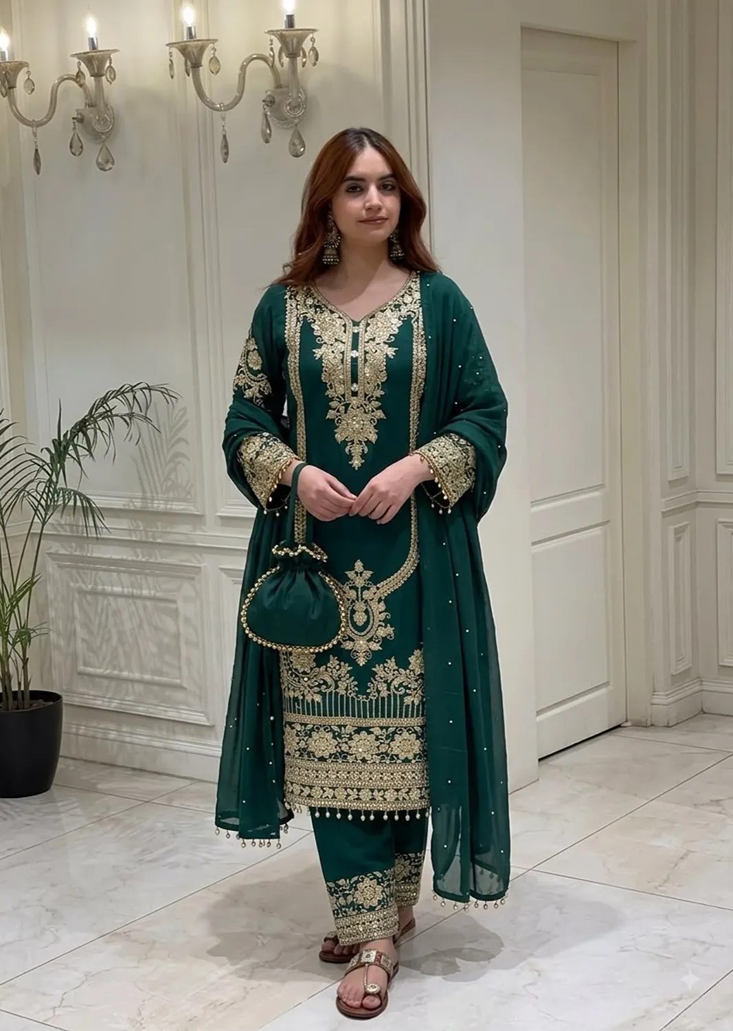 Heavy Faux Georgette Embroidered Sequin Work Suit With Lace Border Dupatta Set