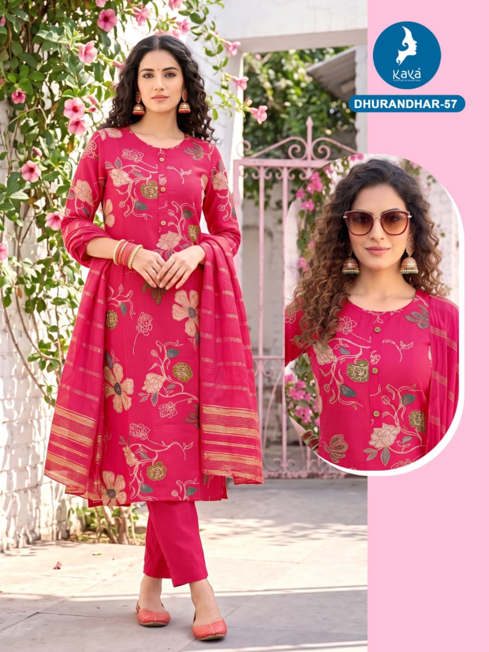 3 Piece Straight Cut Suit Set Vertican Print Top with Chanderi Sequence Dupatta Set — Wholesale Kurtis, Kaya wholesale from Surat — Photo 2