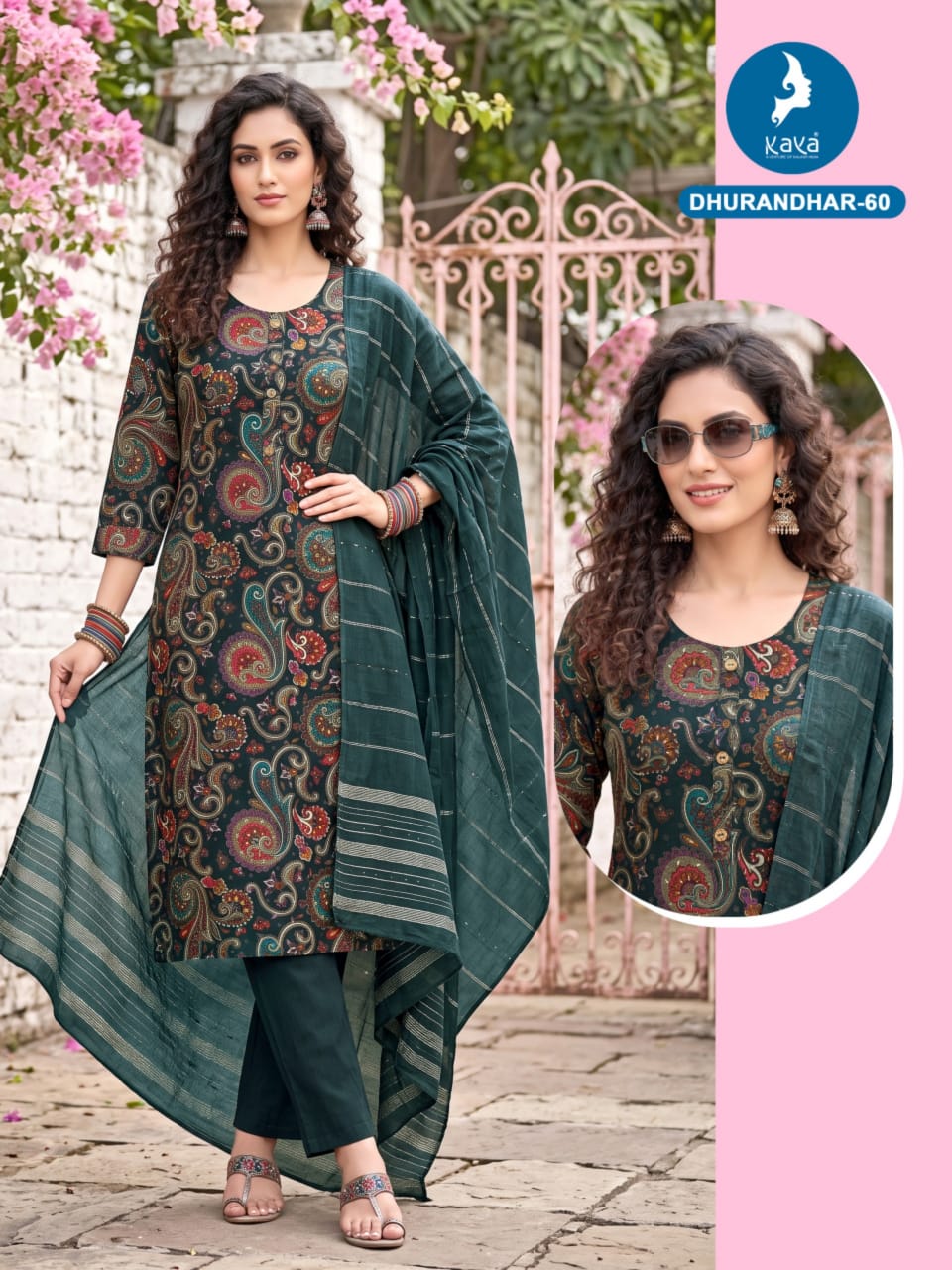 3 Piece Straight Cut Suit Set Vertican Print Top with Chanderi Sequence Dupatta Set