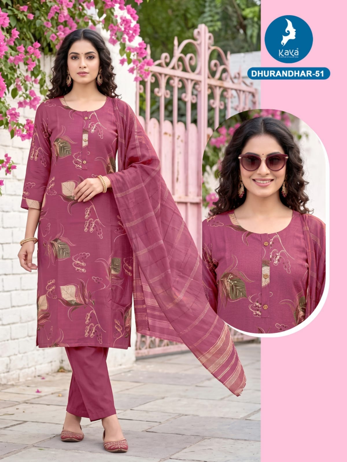 3 Piece Straight Cut Suit Set Vertican Print Top with Chanderi Sequence Dupatta Set — Wholesale Kurtis, Kaya wholesale from Surat — Photo 3