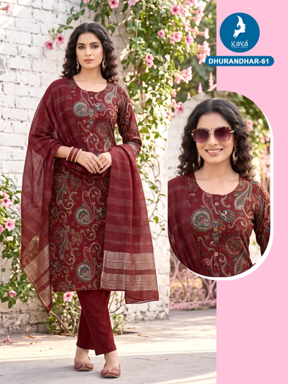 3 Piece Straight Cut Suit Set Vertican Print Top with Chanderi Sequence Dupatta Set — Wholesale Kurtis, Kaya wholesale from Surat — Photo 4