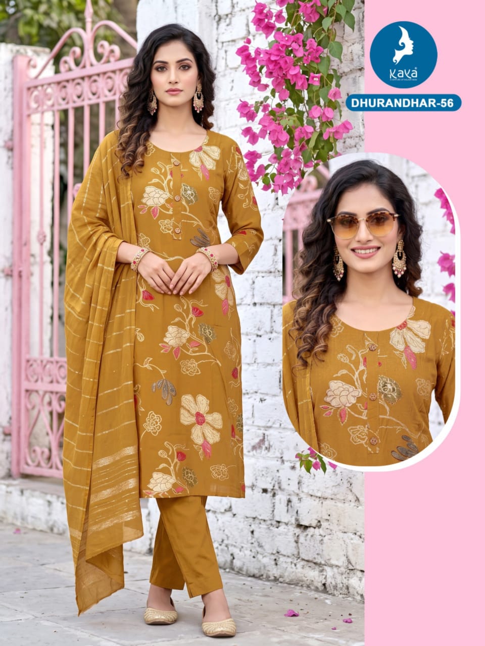 3 Piece Straight Cut Suit Set Vertican Print Top with Chanderi Sequence Dupatta Set — Wholesale Kurtis, Kaya wholesale from Surat — Photo 7