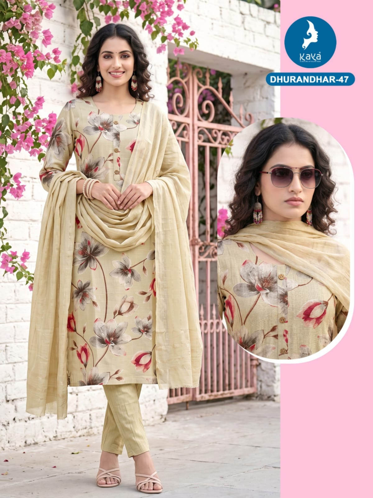 3 Piece Straight Cut Suit Set Vertican Print Top with Chanderi Sequence Dupatta Set — Wholesale Kurtis, Kaya wholesale from Surat — Photo 8