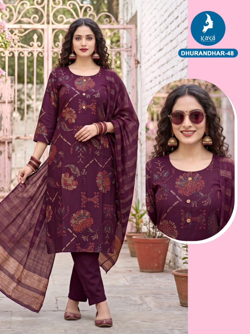 3 Piece Straight Cut Suit Set Vertican Print Top with Chanderi Sequence Dupatta Set — Wholesale Kurtis, Kaya wholesale from Surat — Photo 9