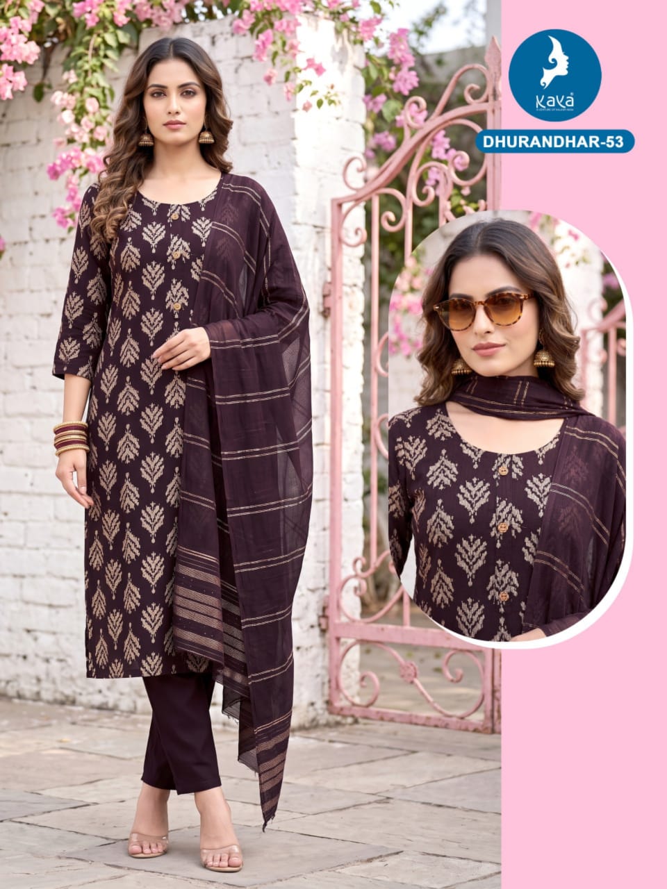 3 Piece Straight Cut Suit Set Vertican Print Top with Chanderi Sequence Dupatta Set — Wholesale Kurtis, Kaya wholesale from Surat — Photo 11