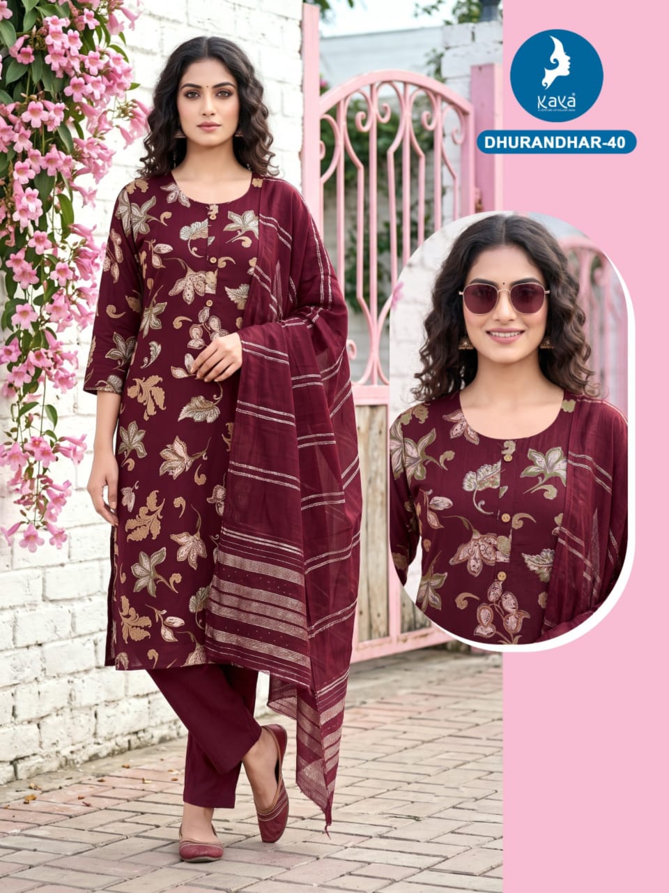 3 Piece Straight Cut Suit Set Vertican Print Top with Chanderi Sequence Dupatta Set — Wholesale Kurtis, Kaya wholesale from Surat — Photo 12