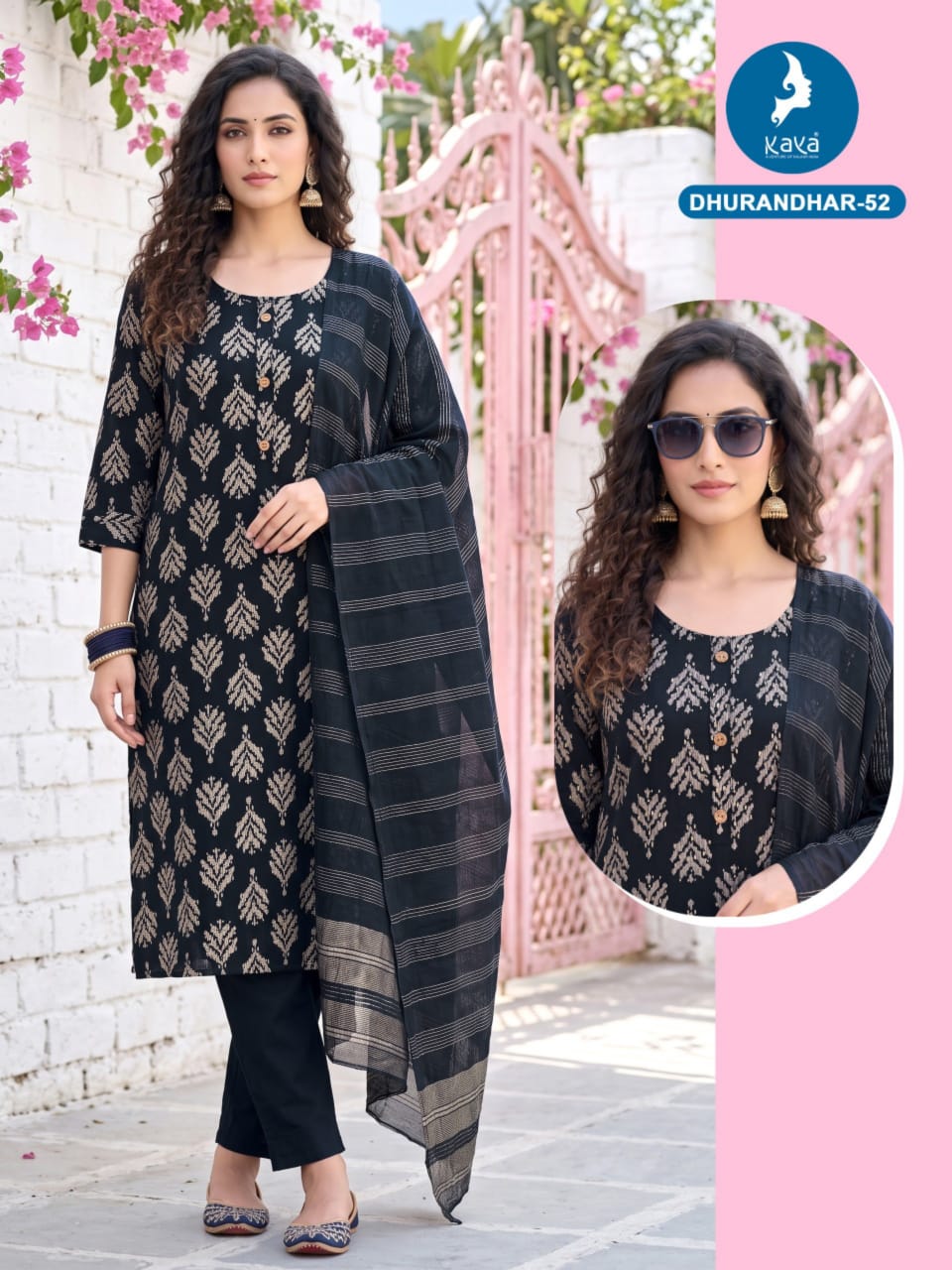 3 Piece Straight Cut Suit Set Vertican Print Top with Chanderi Sequence Dupatta Set — Wholesale Kurtis, Kaya wholesale from Surat — Photo 15