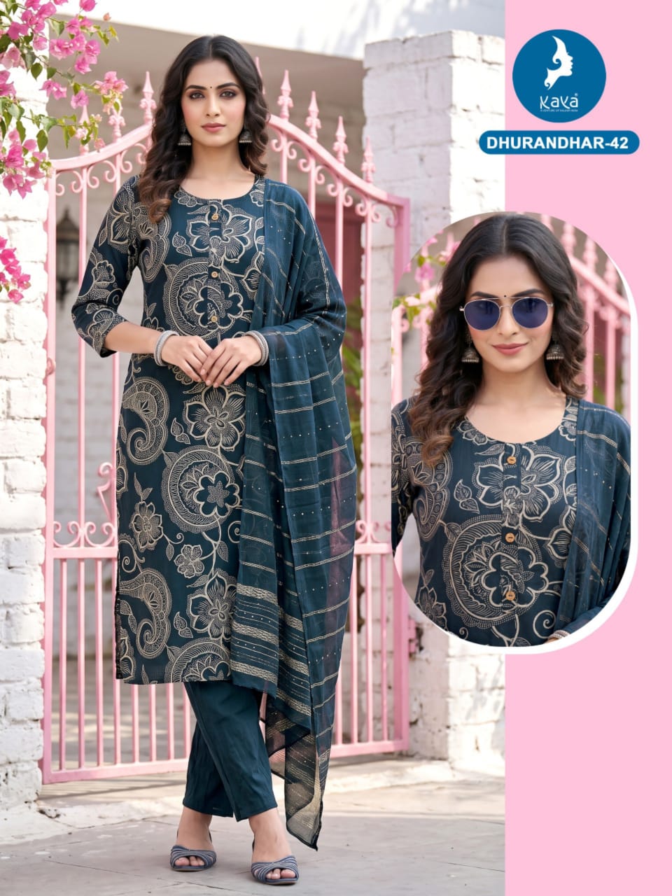3 Piece Straight Cut Suit Set Vertican Print Top with Chanderi Sequence Dupatta Set — Wholesale Kurtis, Kaya wholesale from Surat — Photo 19