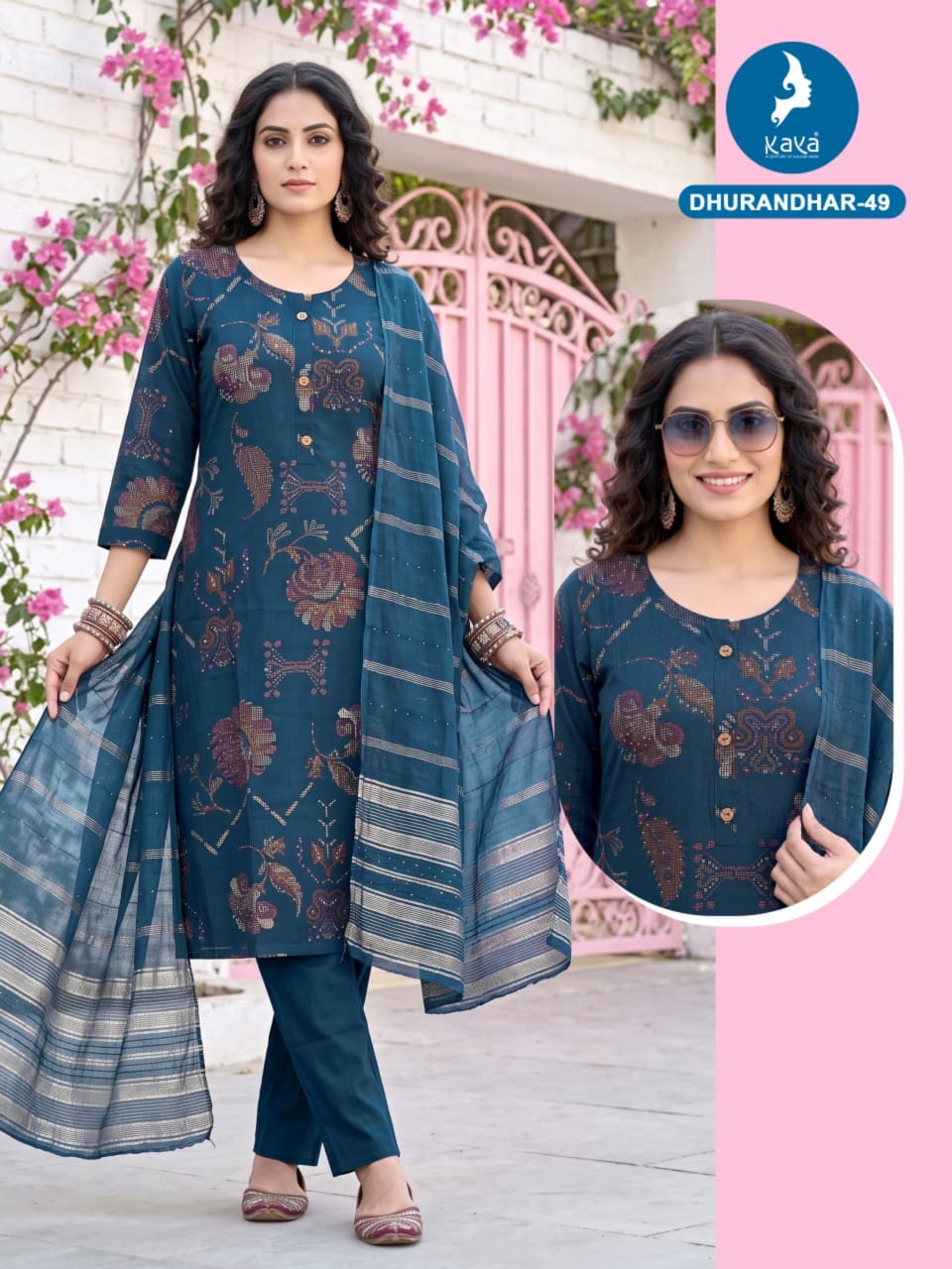 3 Piece Straight Cut Suit Set Vertican Print Top with Chanderi Sequence Dupatta Set — Wholesale Kurtis, Kaya wholesale from Surat — Photo 22