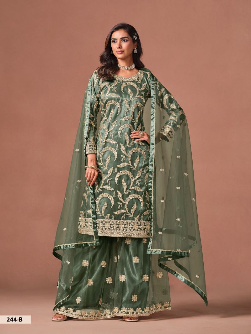 Aanaya Vol 244 Net Embroidered Kurti With Sharara Dupatta Set