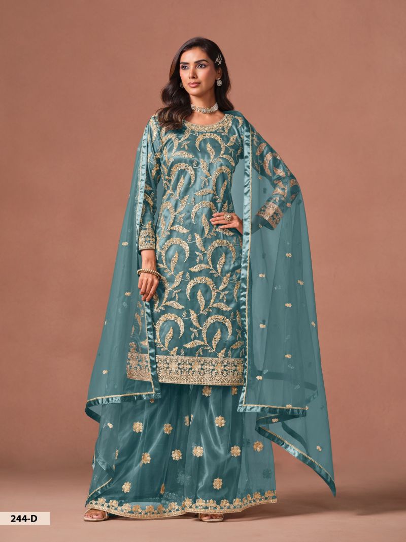 Aanaya Vol 244 Net Embroidered Kurti With Sharara Dupatta Set — Wholesale Dress Material, Vardan Ethnic wholesale from Surat — view 4