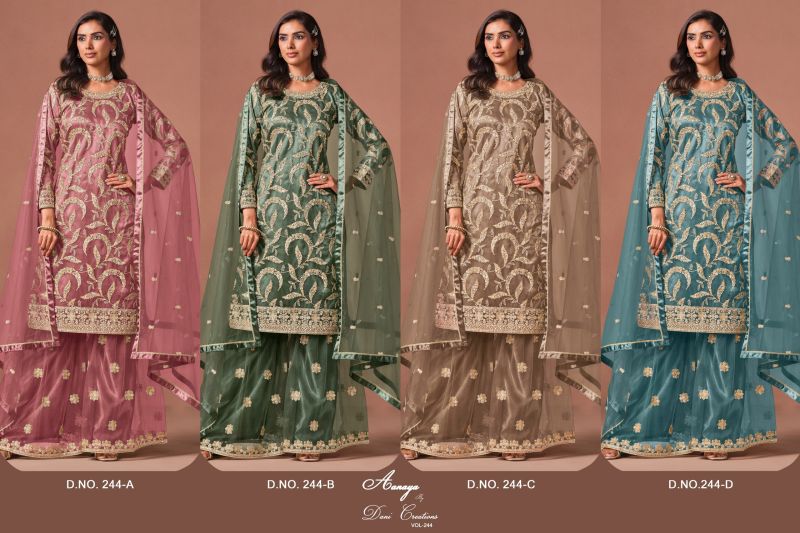 Aanaya Vol 244 Net Embroidered Kurti With Sharara Dupatta Set — Wholesale Dress Material, Vardan Ethnic wholesale from Surat — view 7