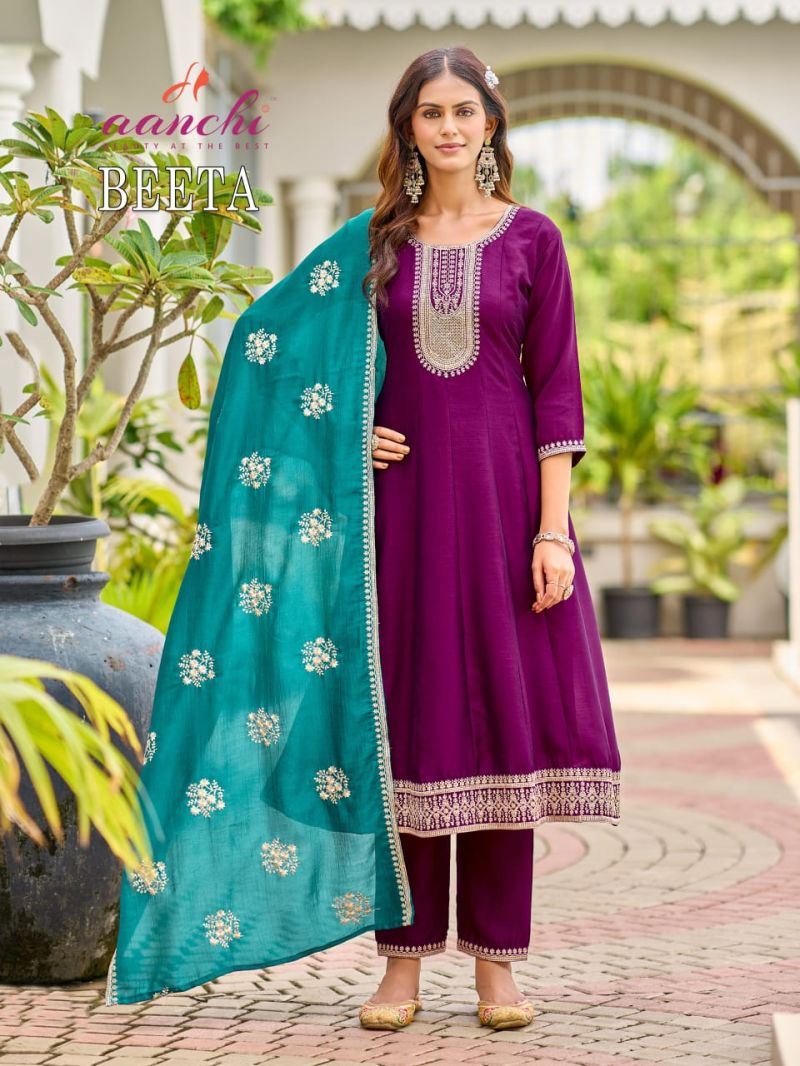 Aanchi Beeta Vichitra Silk Embroidered Anarkali Kurti With Bottom Dupatta Set — Wholesale Kurtis, Aanchi wholesale from Surat — view 5