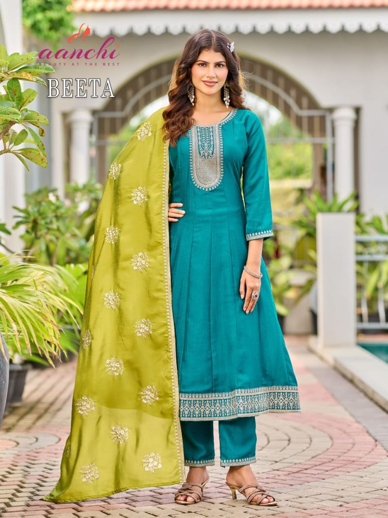 Aanchi Beeta Vichitra Silk Embroidered Anarkali Kurti With Bottom Dupatta Set — Wholesale Kurtis, Aanchi wholesale from Surat — view 2