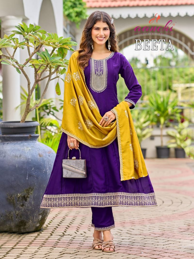 Aanchi Beeta Vichitra Silk Embroidered Anarkali Kurti With Bottom Dupatta Set — Wholesale Kurtis, Aanchi wholesale from Surat — view 3