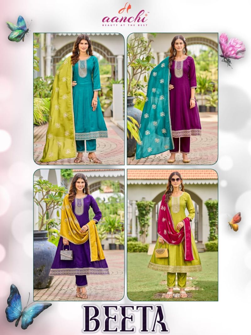 Aanchi Beeta Vichitra Silk Embroidered Anarkali Kurti With Bottom Dupatta Set — Wholesale Kurtis, Aanchi wholesale from Surat — view 4