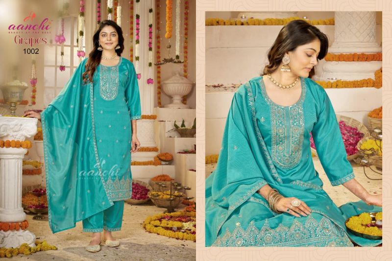 Aanchi Grapes Vichitra Silk Embroidered Kurti With Pant Dupatta Set — Wholesale Dress Material, Aanchi wholesale from Surat - Gallery Image 3