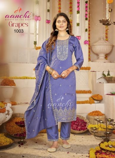 Aanchi Grapes Vichitra Silk Embroidered Kurti With Pant Dupatta Set