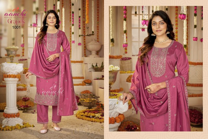 Aanchi Grapes Vichitra Silk Embroidered Kurti With Pant Dupatta Set — Wholesale Dress Material, Aanchi wholesale from Surat - Gallery Image 2