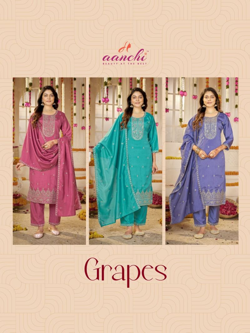 Aanchi Grapes Vichitra Silk Embroidered  Kurti With Pant Dupatta Set — Wholesale Dress Material, Aanchi wholesale from Surat — view 4