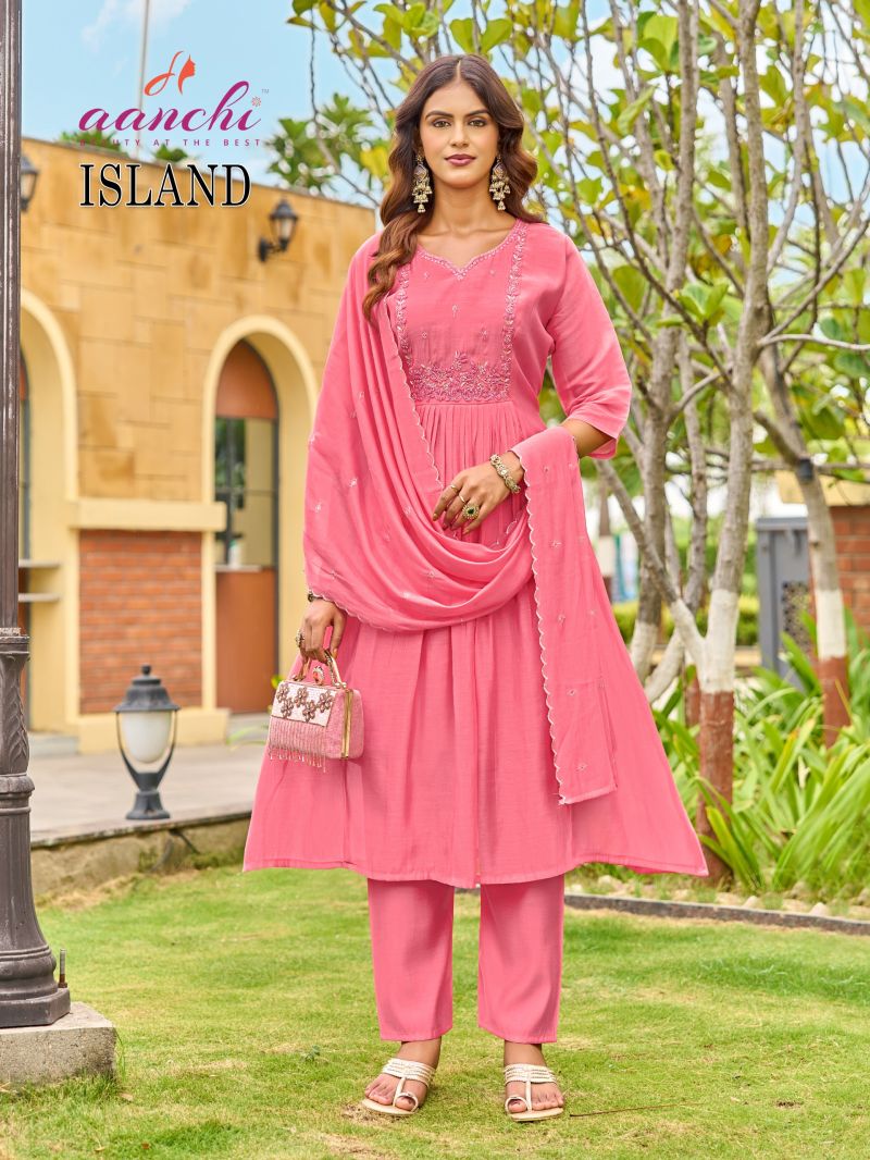 Aanchi Island Mul Chanderi Embroidered Anarkali Kurti With Bottom Dupatta Set