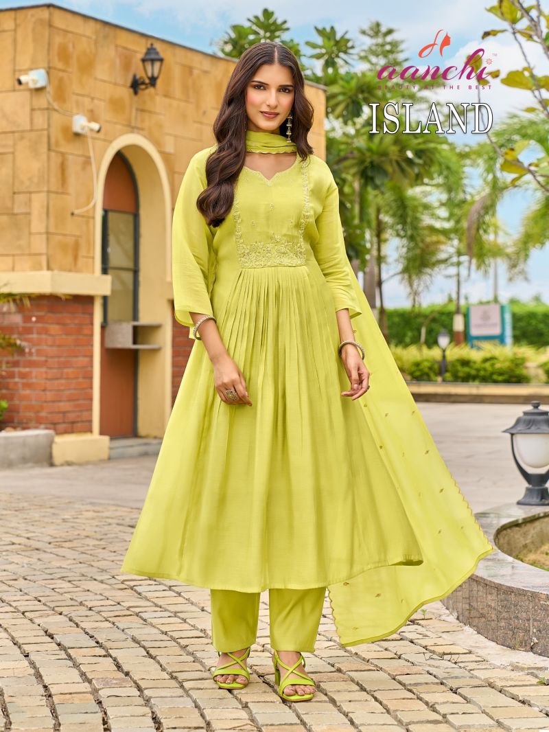 Aanchi Island Mul Chanderi Embroidered Anarkali Kurti With Bottom Dupatta Set — Wholesale Kurtis, Aanchi wholesale from Surat — view 2