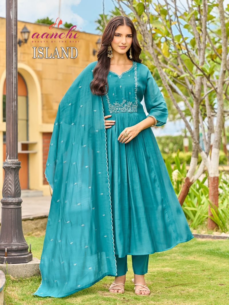 Aanchi Island Mul Chanderi Embroidered Anarkali Kurti With Bottom Dupatta Set — Wholesale Kurtis, Aanchi wholesale from Surat — view 3