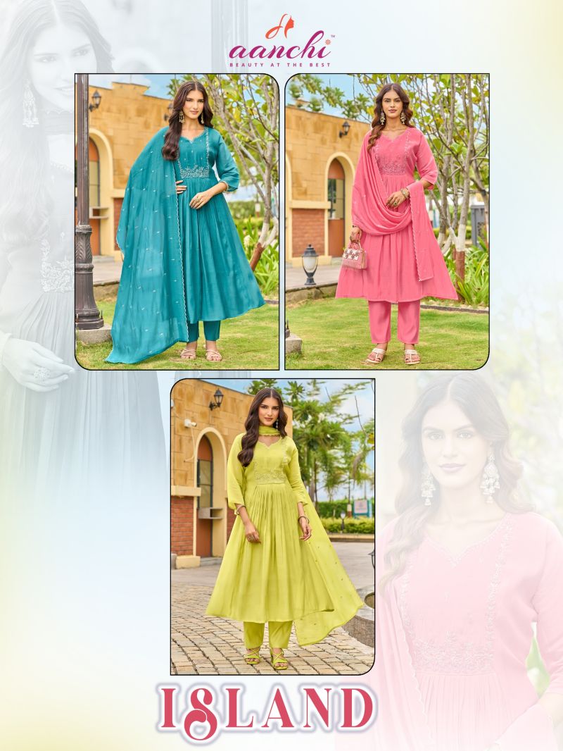 Aanchi Island Mul Chanderi Embroidered Anarkali Kurti With Bottom Dupatta Set — Wholesale Kurtis, Aanchi wholesale from Surat — view 4