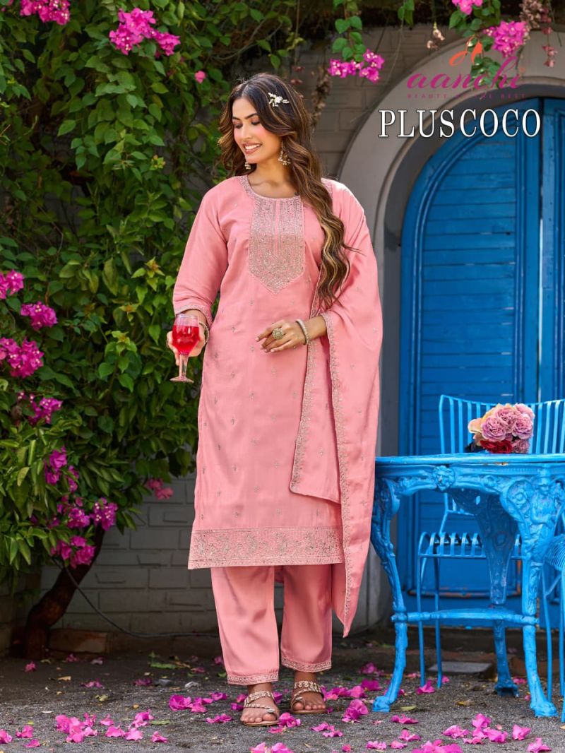 Aanchi Plus Coco Roman Glass Embroidered Kurti With Bottom Dupatta Set — Wholesale Kurtis, Aanchi Kurtis Catalog wholesale from Surat - Gallery Image 2