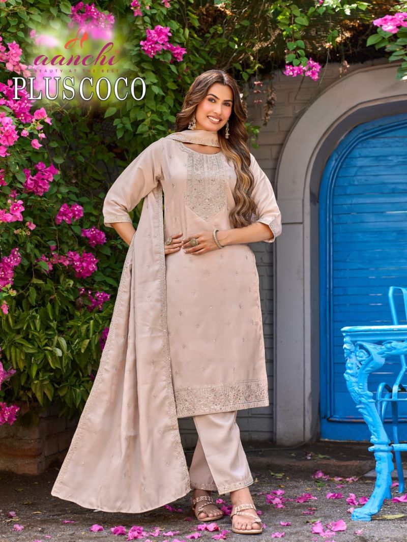 Aanchi Plus Coco Roman Glass Embroidered Kurti With Bottom Dupatta Set — Wholesale Kurtis, Aanchi Kurtis Catalog wholesale from Surat - Gallery Image 4