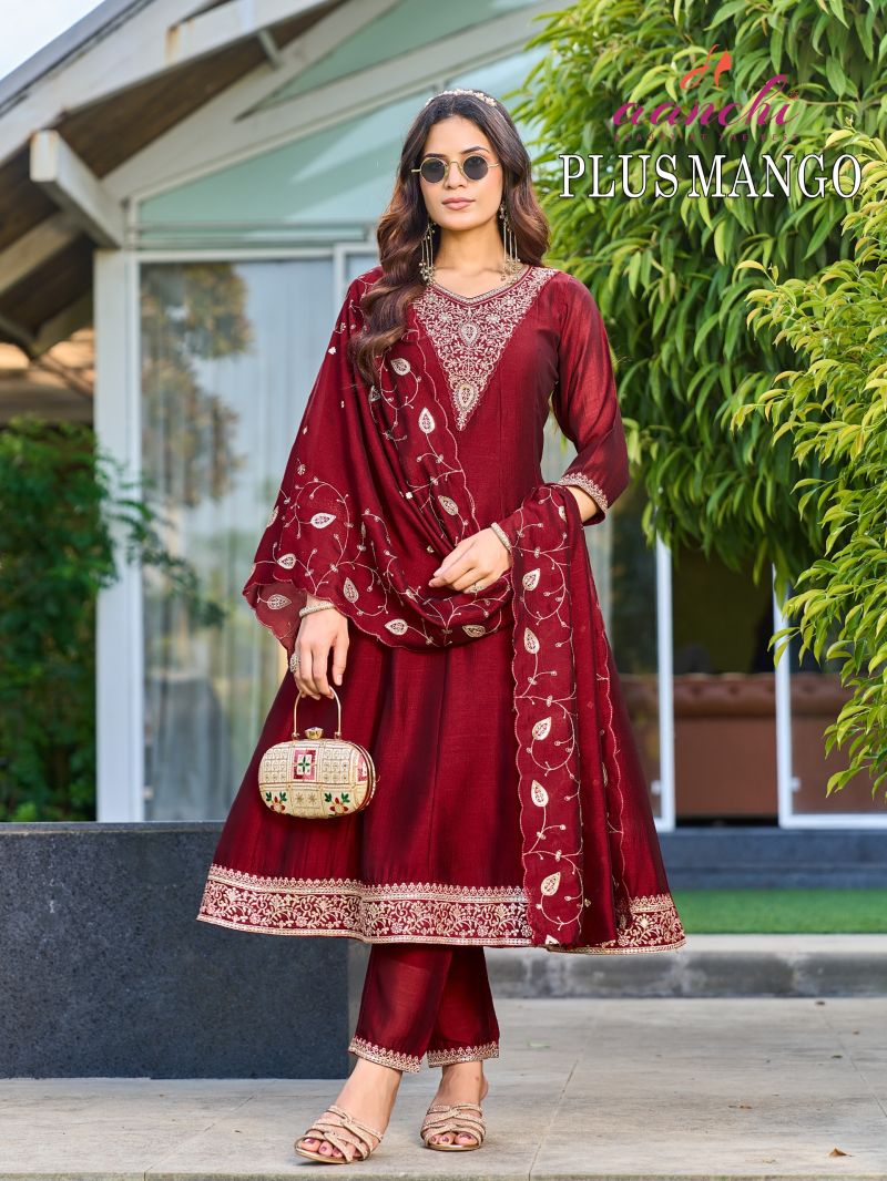 Aanchi Plus Mango Vichitra Silk Embroidered Kurti With Bottom Dupatta Set