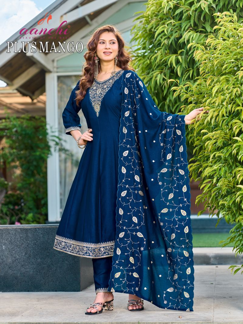 Aanchi Plus Mango Vichitra Silk Embroidered Kurti With Bottom Dupatta Set — Wholesale Kurtis, Aanchi Kurtis Catalog wholesale from Surat - Gallery Image 2