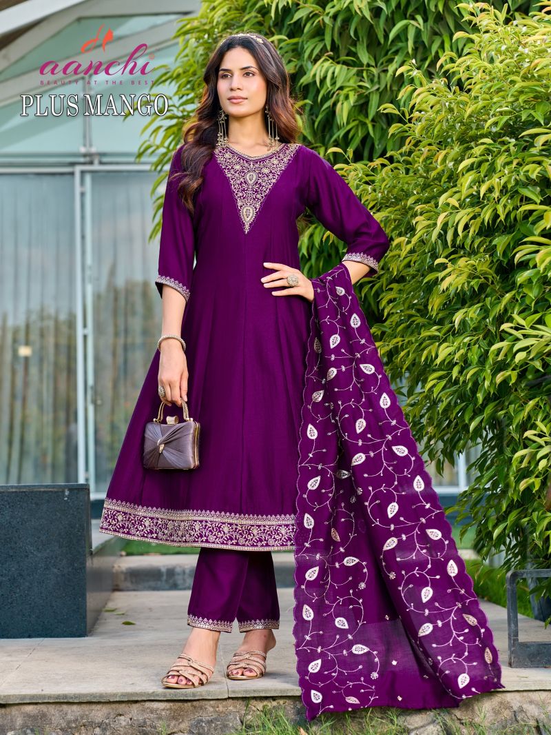Aanchi Plus Mango Vichitra Silk Embroidered Kurti With Bottom Dupatta Set — Wholesale Kurtis, Aanchi Kurtis Catalog wholesale from Surat - Gallery Image 3