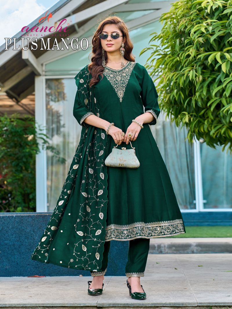 Aanchi Plus Mango Vichitra Silk Embroidered Kurti With Bottom Dupatta Set — Wholesale Kurtis, Aanchi Kurtis Catalog wholesale from Surat - Gallery Image 4