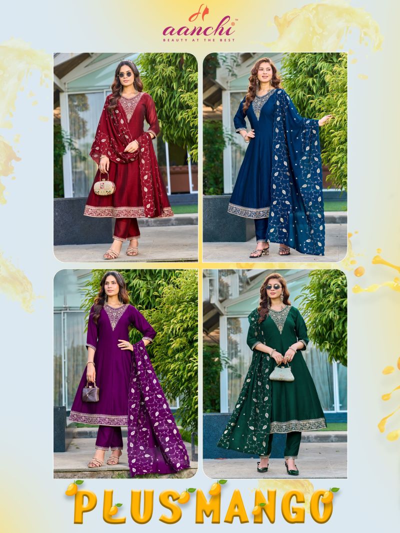 Aanchi Plus Mango Vichitra Silk Embroidered Kurti With Bottom Dupatta Set — Wholesale Kurtis, Aanchi Kurtis Catalog wholesale from Surat — view 5