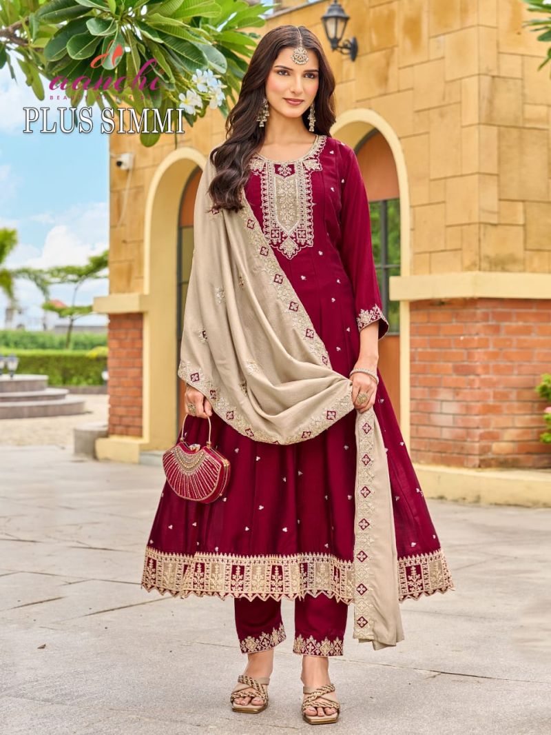 Aanchi Plus Simmi Vichitra Silk Embroidered Anarkali Kurti With Bottom Dupatta Set — Wholesale Readymade Suit, Aanchi wholesale from Surat — view 2