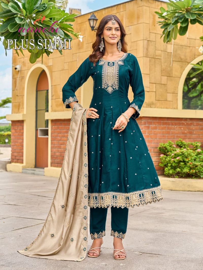Aanchi Plus Simmi Vichitra Silk Embroidered Anarkali Kurti With Bottom Dupatta Set — Wholesale Readymade Suit, Aanchi wholesale from Surat — view 3