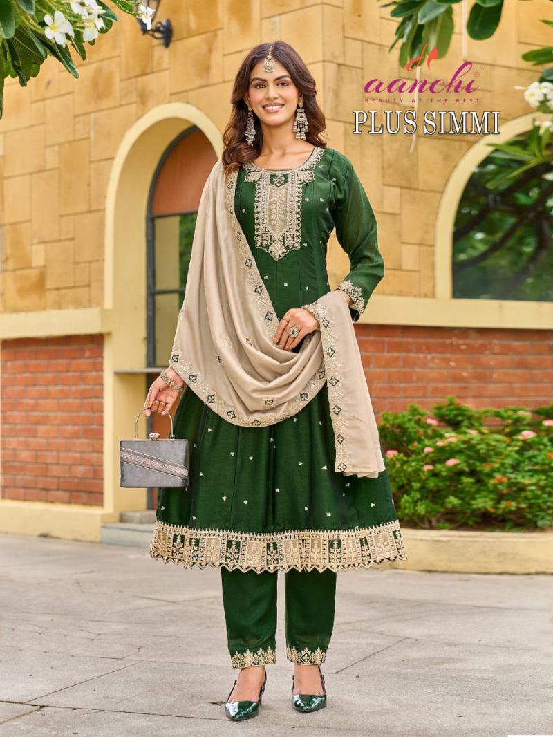 Aanchi Plus Simmi Vichitra Silk Embroidered Anarkali Kurti With Bottom Dupatta Set — Wholesale Readymade Suit, Aanchi wholesale from Surat — view 4