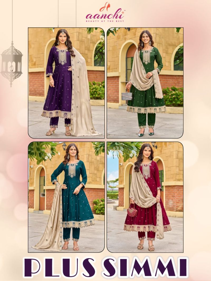 Aanchi Plus Simmi Vichitra Silk Embroidered Anarkali Kurti With Bottom Dupatta Set — Wholesale Readymade Suit, Aanchi wholesale from Surat — view 5