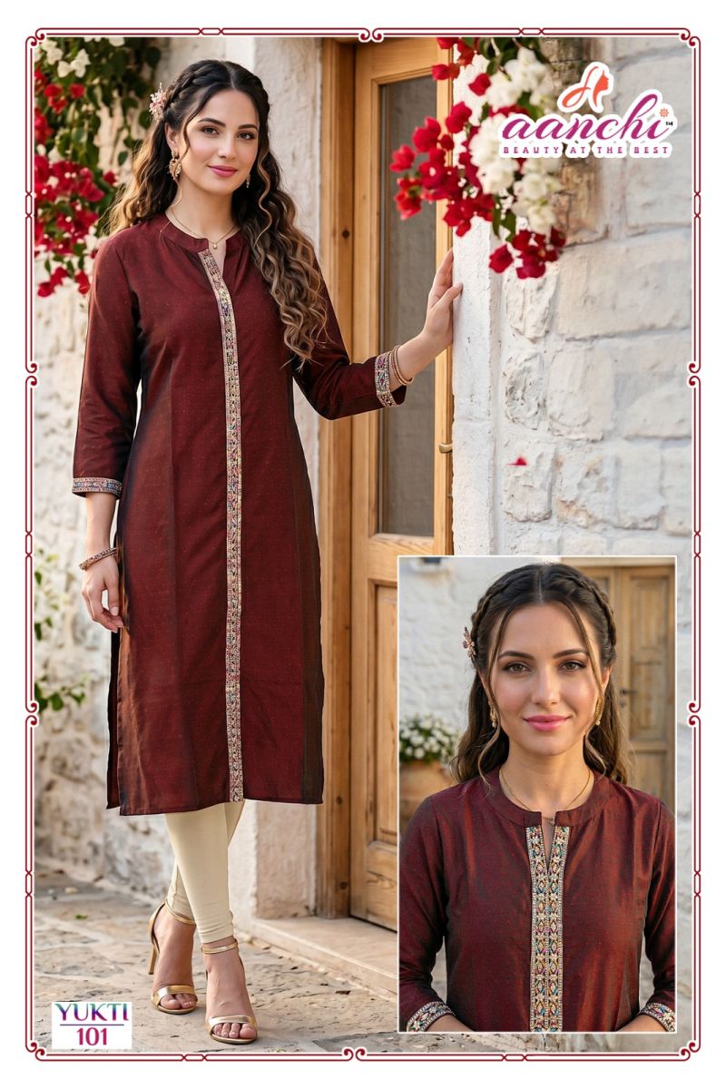 Aanchi Yukti Rangila Silk Embroidered Fancy Kurti Catalog — Wholesale Kurti Pant Set, Vardan Ethnic wholesale from Surat — Photo 2