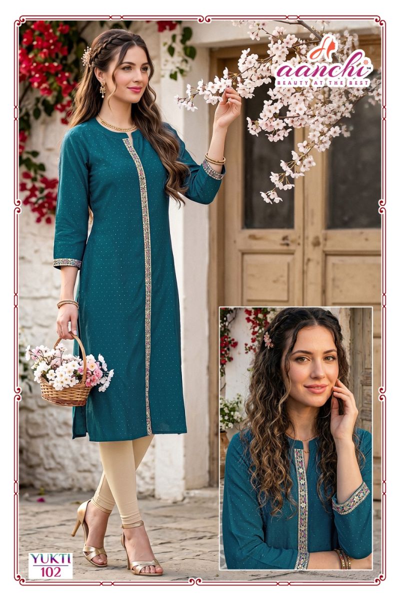 Aanchi Yukti Rangila Silk Embroidered Fancy Kurti Catalog — Wholesale Kurti Pant Set, Vardan Ethnic wholesale from Surat — Photo 3