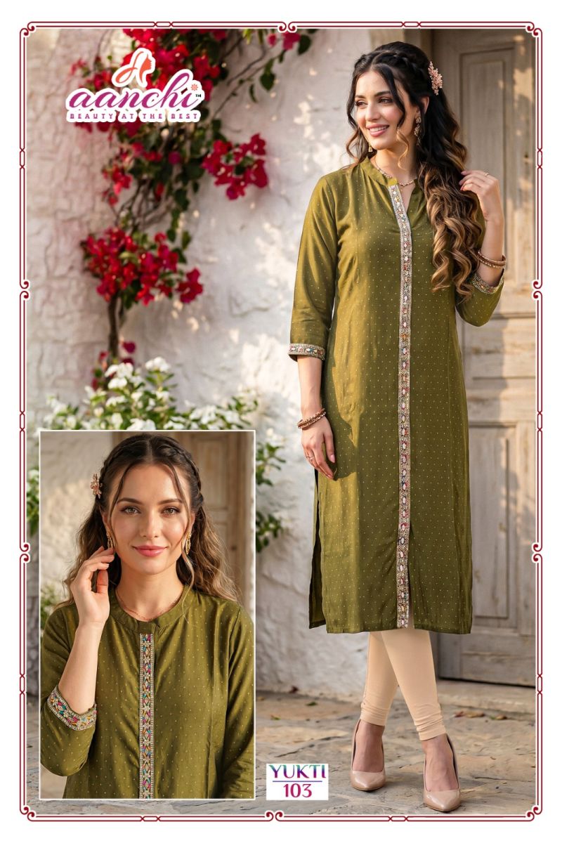 Aanchi Yukti Rangila Silk Embroidered Fancy Kurti Catalog — Wholesale Kurti Pant Set, Vardan Ethnic wholesale from Surat — Photo 4