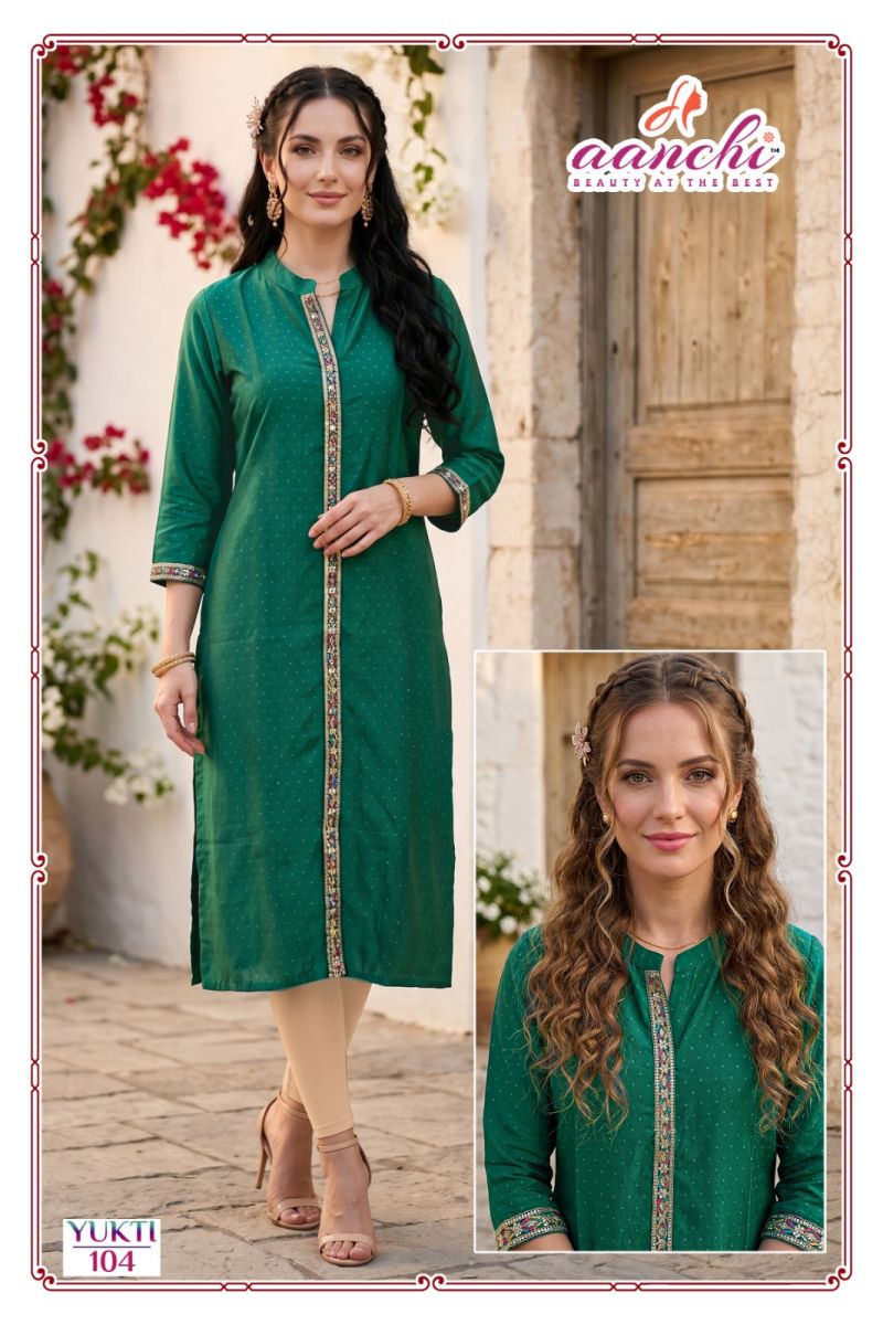 Aanchi Yukti Rangila Silk Embroidered Fancy Kurti Catalog — Wholesale Kurti Pant Set, Vardan Ethnic wholesale from Surat — Photo 5