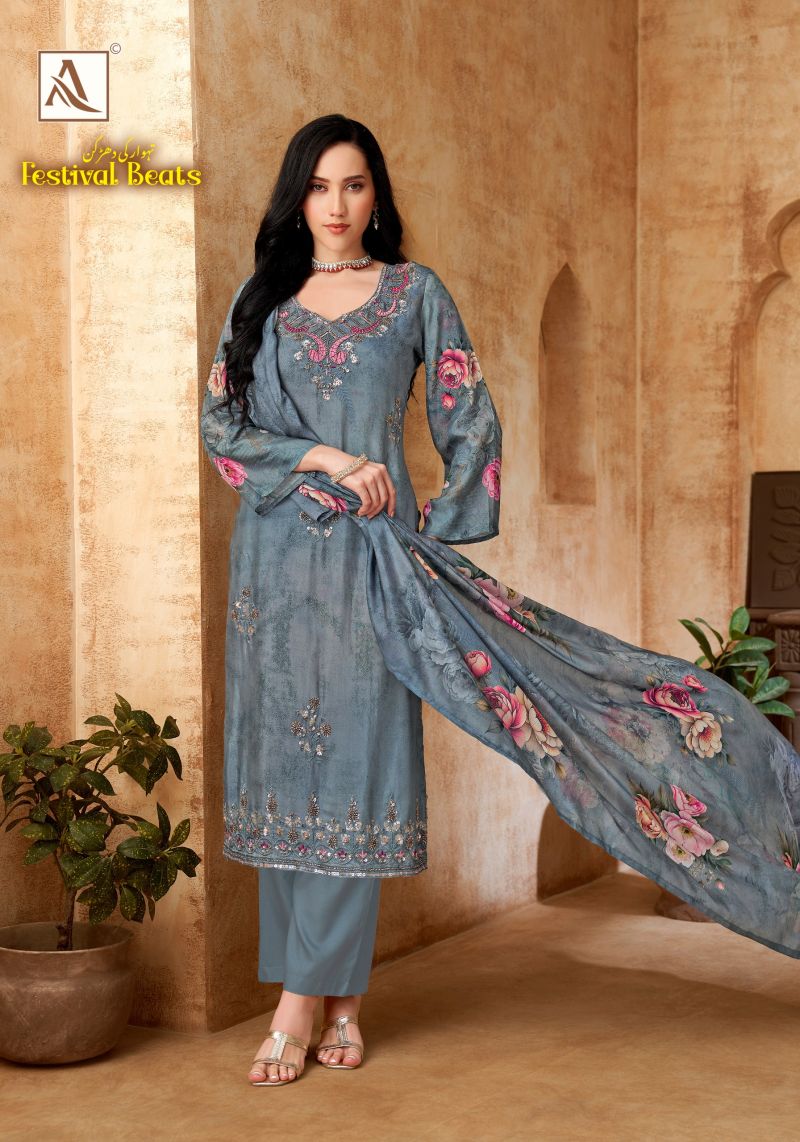 Alok Festival Beats Viscose Maslin Print Beats Work Dress Material Catalog — Wholesale Dress Material, Vardan Ethnic wholesale from Surat — view 4