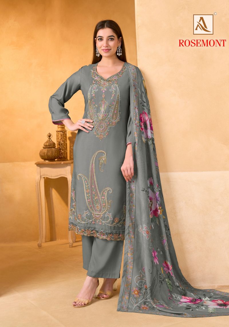 Alok Rosemont Viscose Maslin Embroidered Dress Material Catalog — Wholesale Dress Material, Vardan Ethnic wholesale from Surat — view 8